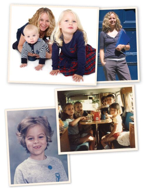 Clockwise from above: Allen and her children, Eddie and Juliet; submitting her PhD; aged 7 (far left) on holiday with her family; aged 8-9