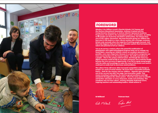 Labour leader Ed Miliband playing with a child in the party's manifesto for education