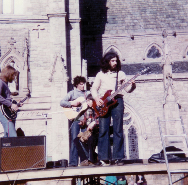 with Tom Sanders, Phil Hill and Oliver St John (aka “Lynx”) in Durham’s Market Square, summer 1974