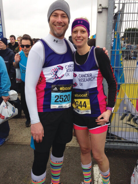 Simon with wife Leanne at the Silverstone half marathon in aid of Cancer Research UK