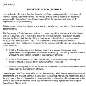 Hewett School letter