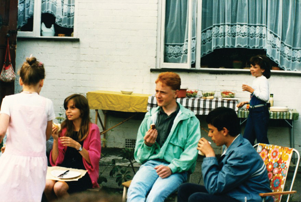 David sporting a lime green jacket at youth club with French exchange student Bruno