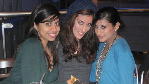 November 2009: Natasha’s sister Aneesha, left (18) and cousin, Shaan, middle (21), out at dinner. Natasha is 21 and a few months into her teaching career