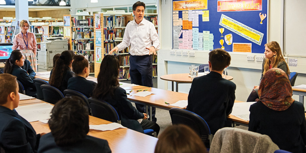 Former Labour leader Ed Milliband talks to pupils at Haverstock School about his career