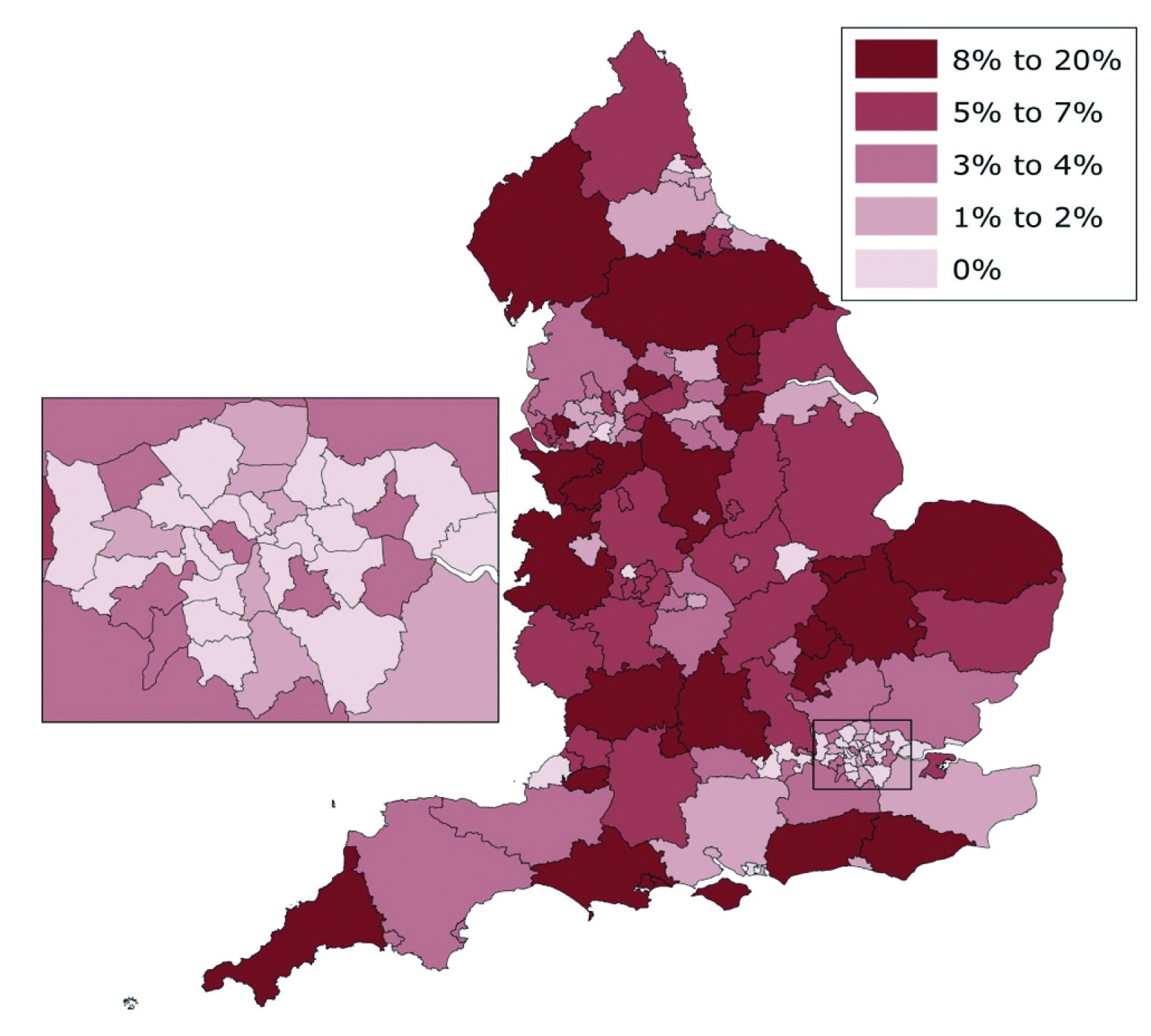 Percentage of schools below the floor standard by local authority in England, 2016 