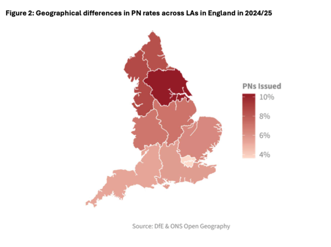 Choropleth map of England showing local authority PN rate differences for 2024/25, with darker reds indicating higher rates up to 10%. Legend shows 4%–10%. Source: DfE & ONS Open Geography.
