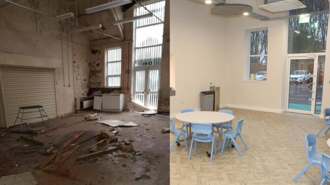 Before/after split: left shows a ruined, debris-filled room; right shows a bright renovated classroom with blue chairs and round tables.